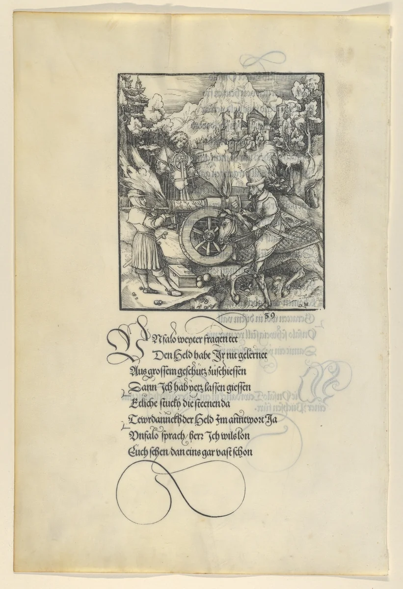 Unfalo Endangering Theuerdanck While Firing a Cannon, from Theuerdanck by Hans Schäufelein, print, 1517