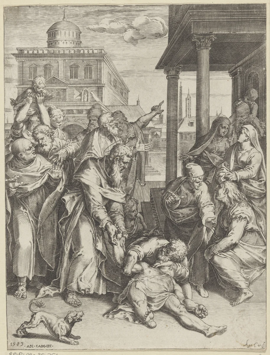 Paulus wekt Patroclus tot leven by Unknown, print, 1583