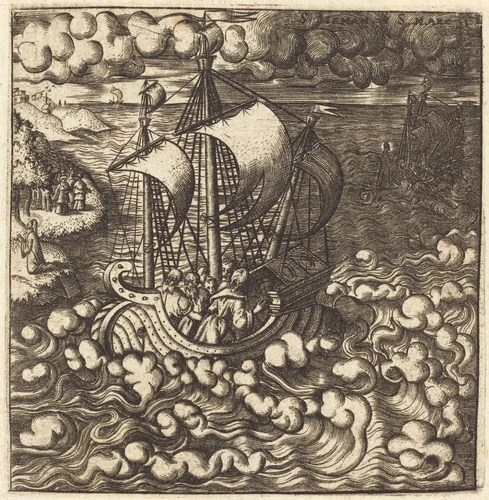 Christ Praying while His Disciples are in a Boat on a Windy Sea by Léonard Gaultier, print, 1576-1580