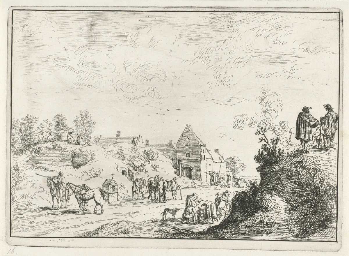 Vele figuren op een pad bij een dorp by Robert van den Hoecke, print, 1632-1668