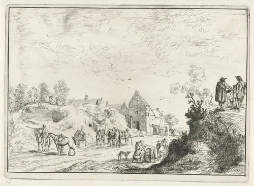 Vele figuren op een pad bij een dorp by Robert van den Hoecke, print, 1632-1668