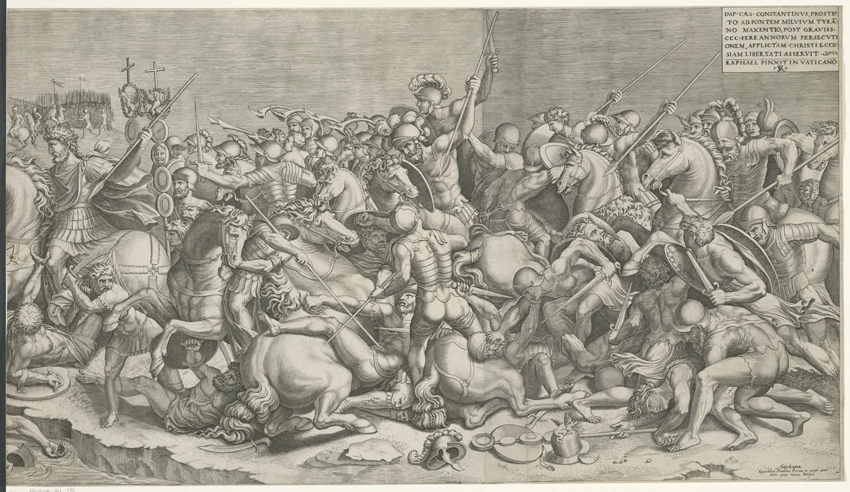 Slag bij de Milvische brug (rechter delen) by Unknown, print, 1500-1599