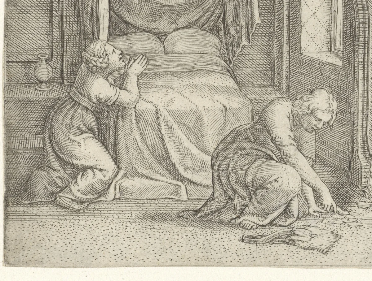 Huwelijksnacht van Tobias en Sara by Unknown, print, 1544-1556