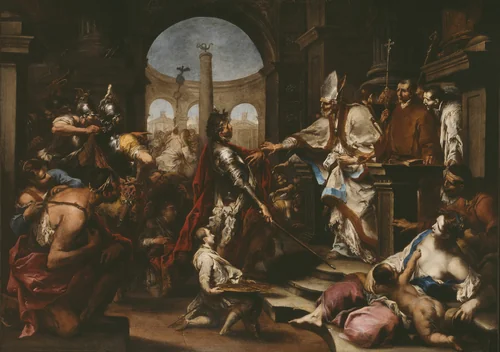 Theodosius Repulsed from the Church by Saint Ambrose by Alessandro Magnasco, painting, 1700-1710