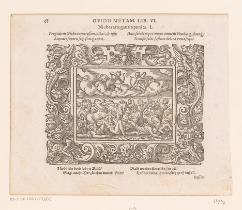 Apollo en Diana doden de kinderen van Niobe by Virgilius Solis, print, 1569