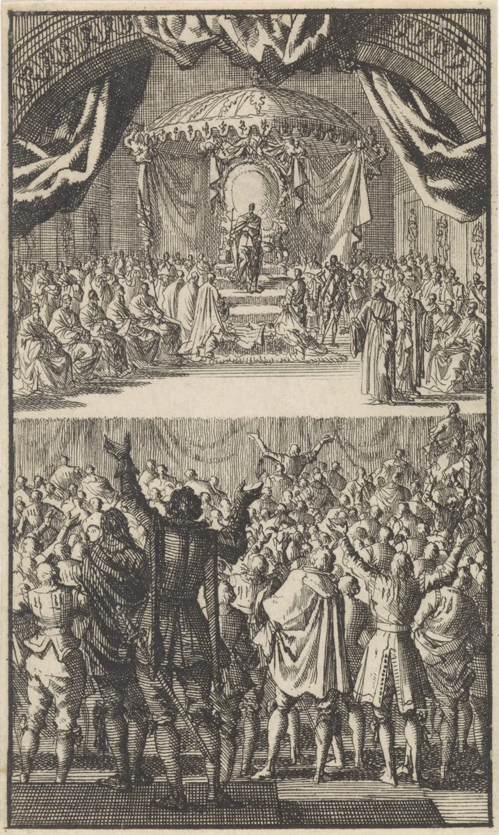 Filips II wordt tot koning van Portugal gekroond, 1581 by Jan Luyken, print, 1699