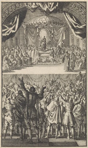 Filips II wordt tot koning van Portugal gekroond, 1581 by Jan Luyken, print, 1699
