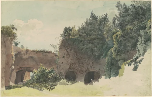 Ancient Roman Ruins Overgrown with Trees and Bushes by Johann Gottfried Klinsky, drawing, 1793-1795