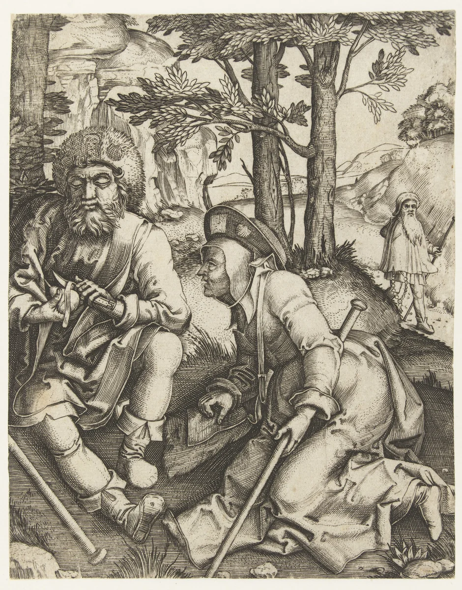Drie pelgrims by Marcantonio Raimondi, print, 1506-1534