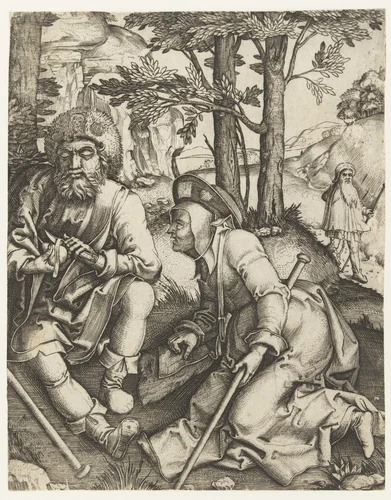 Drie pelgrims by Marcantonio Raimondi, print, 1506-1534