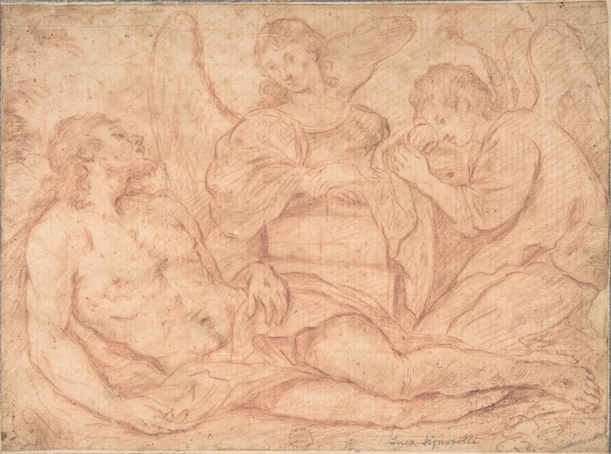 Dead Christ Mourned Over by Angels by anonymous, drawing, 1600-1700