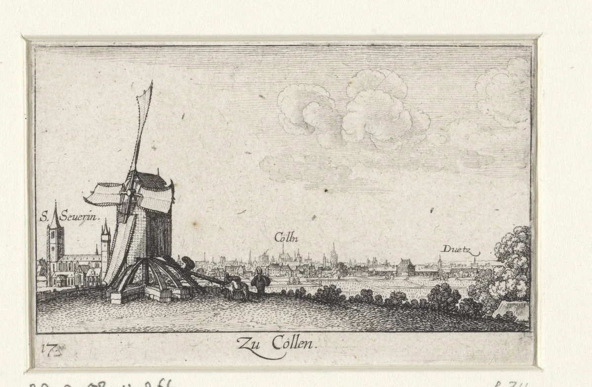Gezicht op Keulen met molen op voorgrond by Wenceslaus Hollar, print, 1635