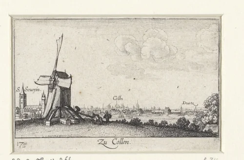 Gezicht op Keulen met molen op voorgrond by Wenceslaus Hollar, print, 1635