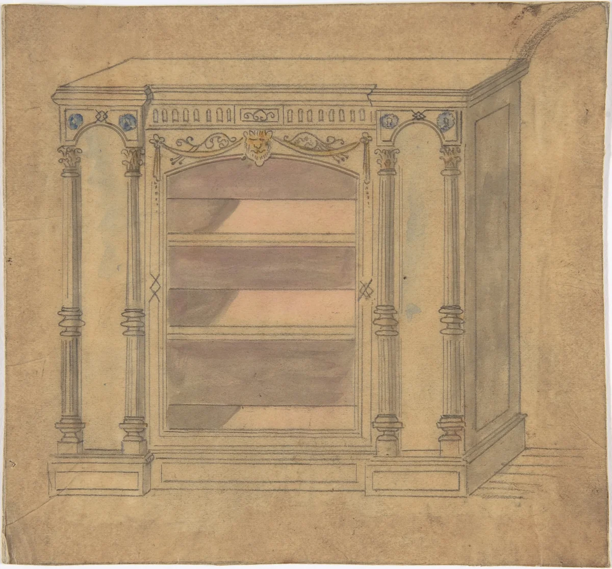 Cabinet Design with Central Shelves by anonymous, drawing, 1800-1900