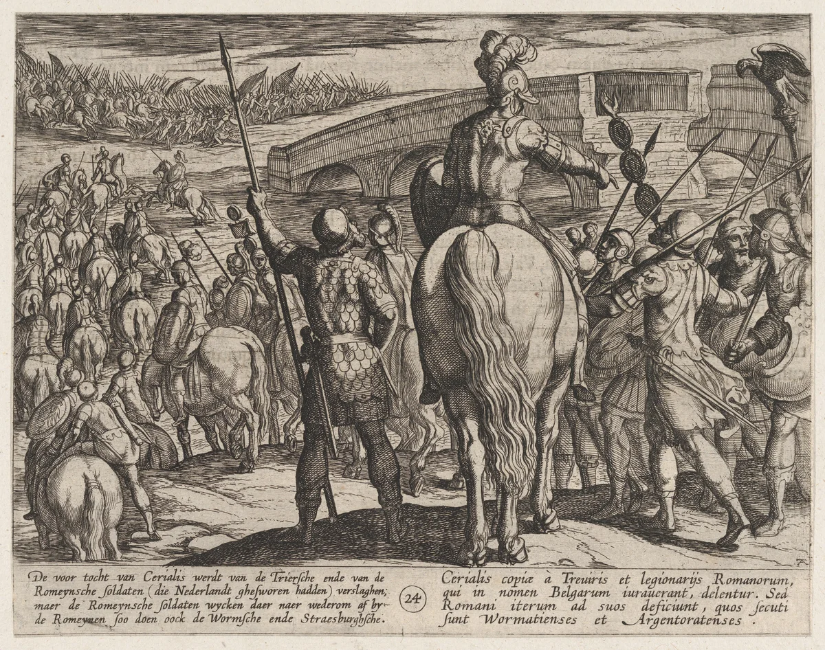 Plate 24: The Advance Guard of the New Roman Troops Turned Back, from The War of the Romans Against the Batavians (Romanorvm et Batavorvm societas) by Antonio Tempesta, print, 1611-1612