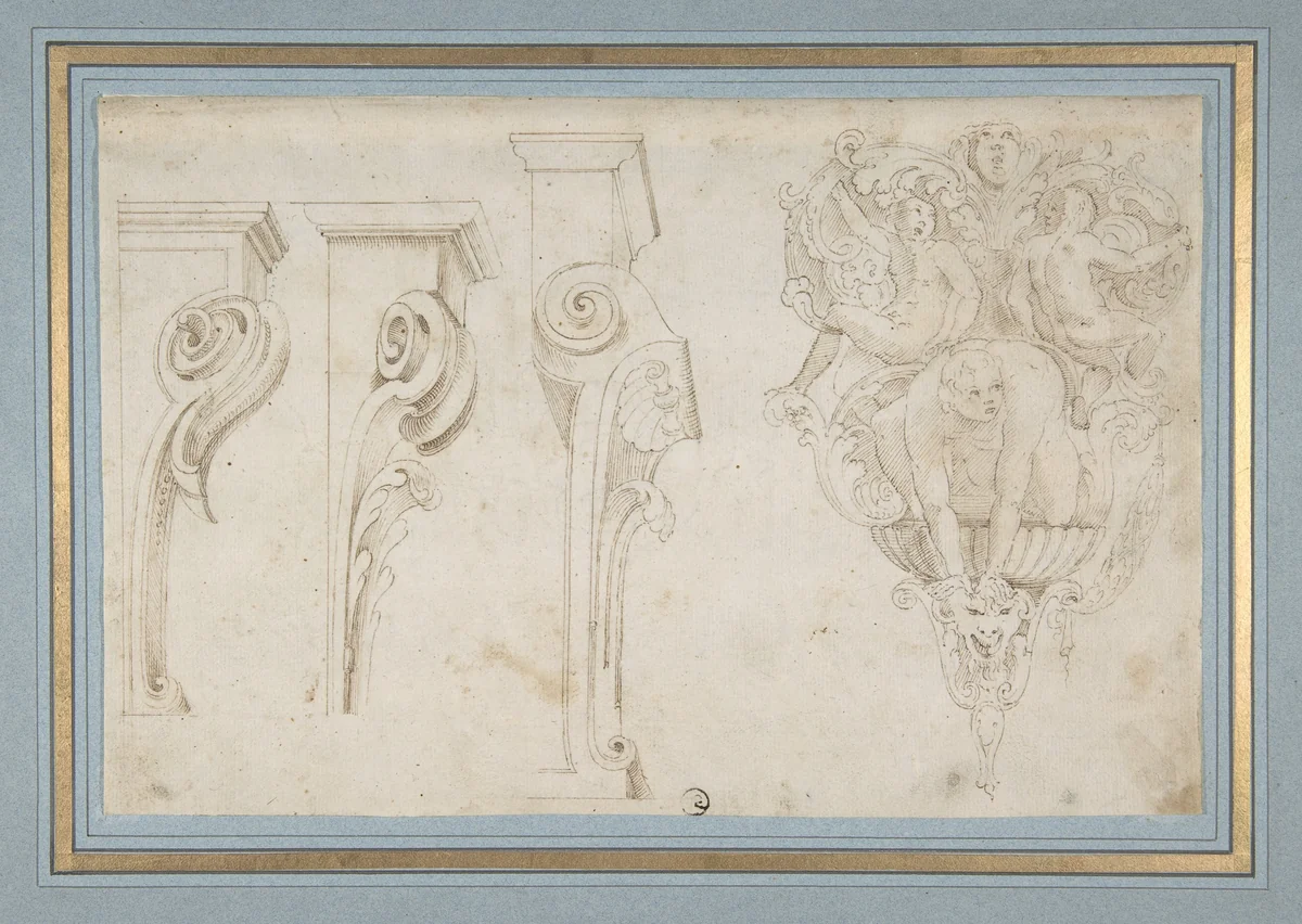 Design for Three Consoles Decorated with Foliage and Volutes and a Console with a Satyr Head Surmounted by Three Human Figures, Garland and Foliage by Agostino Mitelli, drawing, 1609-1660
