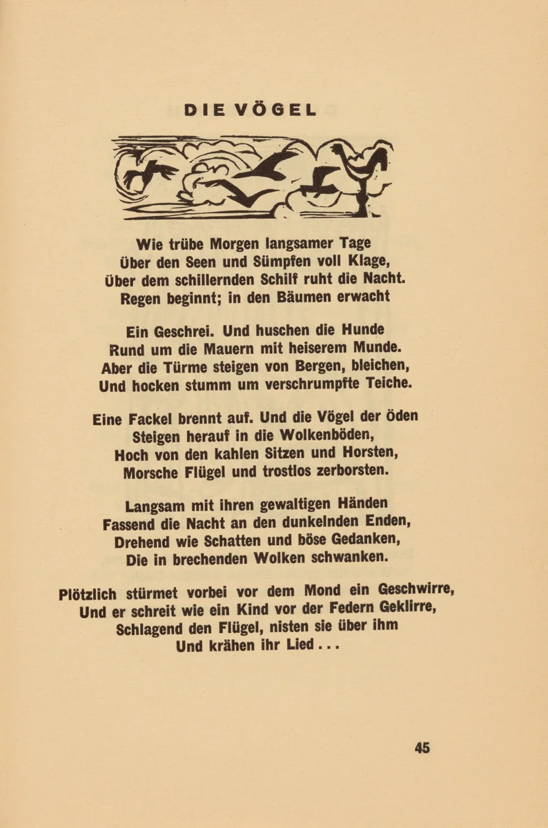 Die Vögel (The Birds) (headpiece, page 45) from Georg Heym: Umbra Vitae (Georg Heym: The Shadow of Life) by Ernst Ludwig Kirchner, volume, 1924