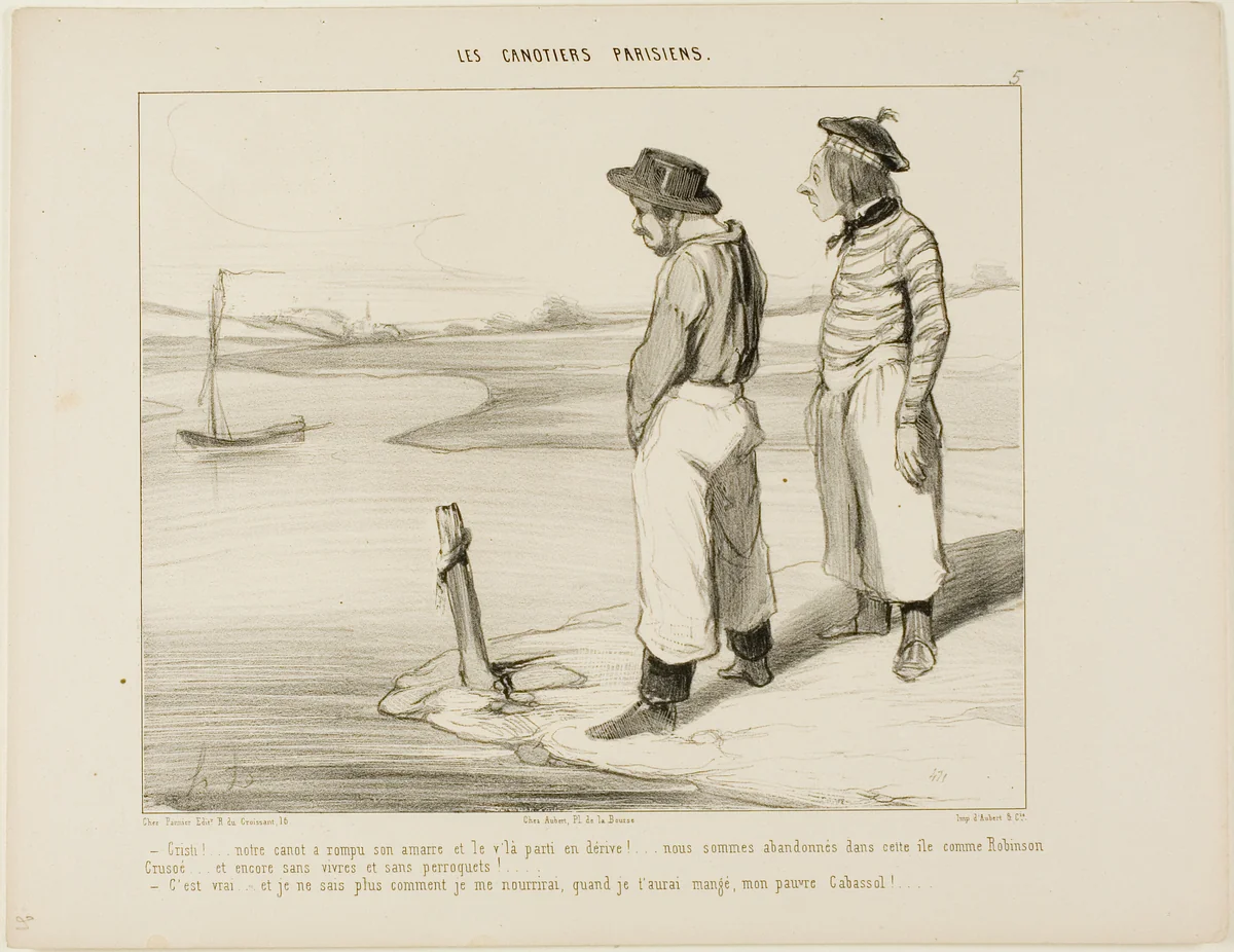 “- Our boat let go the anchor and has drifted away.... we're stuck on this lonely island like Robinson Crusoe... and without anything to eat and no parrot... - That's true.... and I really don't know what to eat, once I have devoured you, poor Cabassol!,” plate 5 from Les Canotiers Parisiens by Honoré-Victorin Daumier, print, 1843