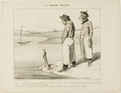 “- Our boat let go the anchor and has drifted away.... we're stuck on this lonely island like Robinson Crusoe... and without anything to eat and no parrot... - That's true.... and I really don't know what to eat, once I have devoured you, poor Cabassol!,” plate 5 from Les Canotiers Parisiens by Honoré-Victorin Daumier, print, 1843