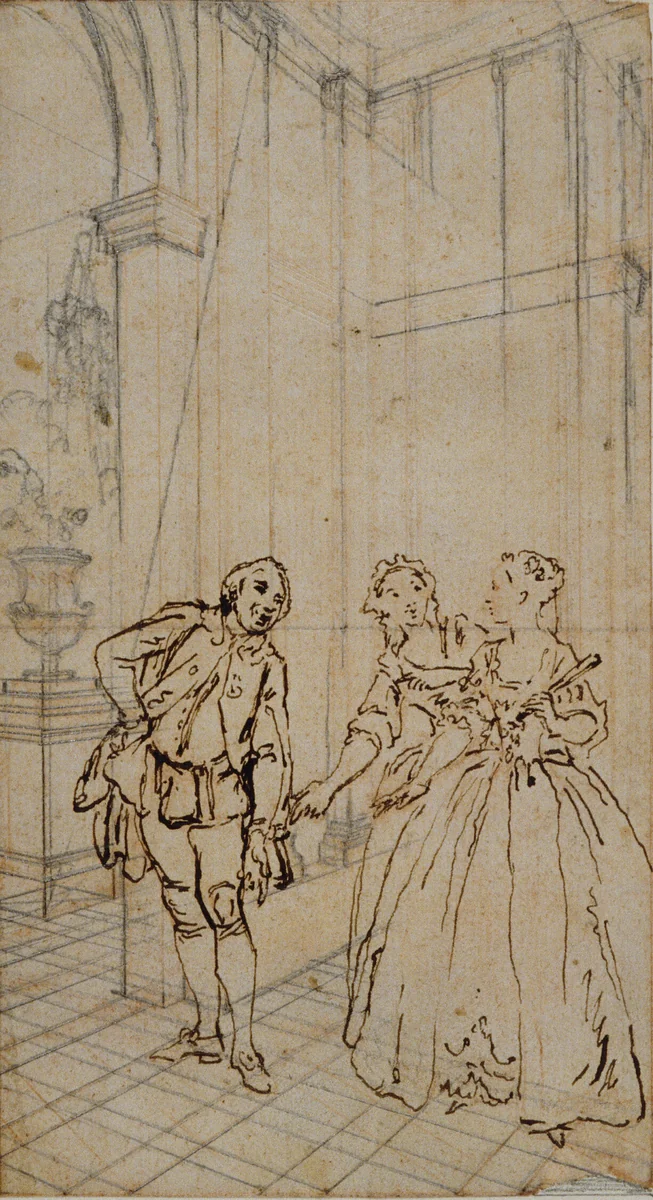 Literary Illustration with Gentleman and Two Ladies in Interior by Hubert François Gravelot, drawing, 1719-1773