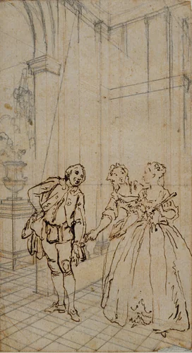 Literary Illustration with Gentleman and Two Ladies in Interior by Hubert François Gravelot, drawing, 1719-1773