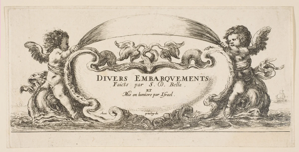 Frontispiece: cartouche at center, putti on either side riding on dolphins, from 'Various Embarkations' (Divers embarquements) by Stefano della Bella, print, 1641-1652