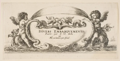 Frontispiece: cartouche at center, putti on either side riding on dolphins, from 'Various Embarkations' (Divers embarquements) by Stefano della Bella, print, 1641-1652