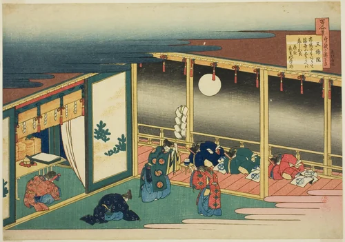 Poem by Sanjo-in, from the series "One Hundred Poems Explained by the Nurse (Hyakunin isshu uba ga etoki)" by Katsushika Hokusai (葛飾 北斎), print, 1830-1841