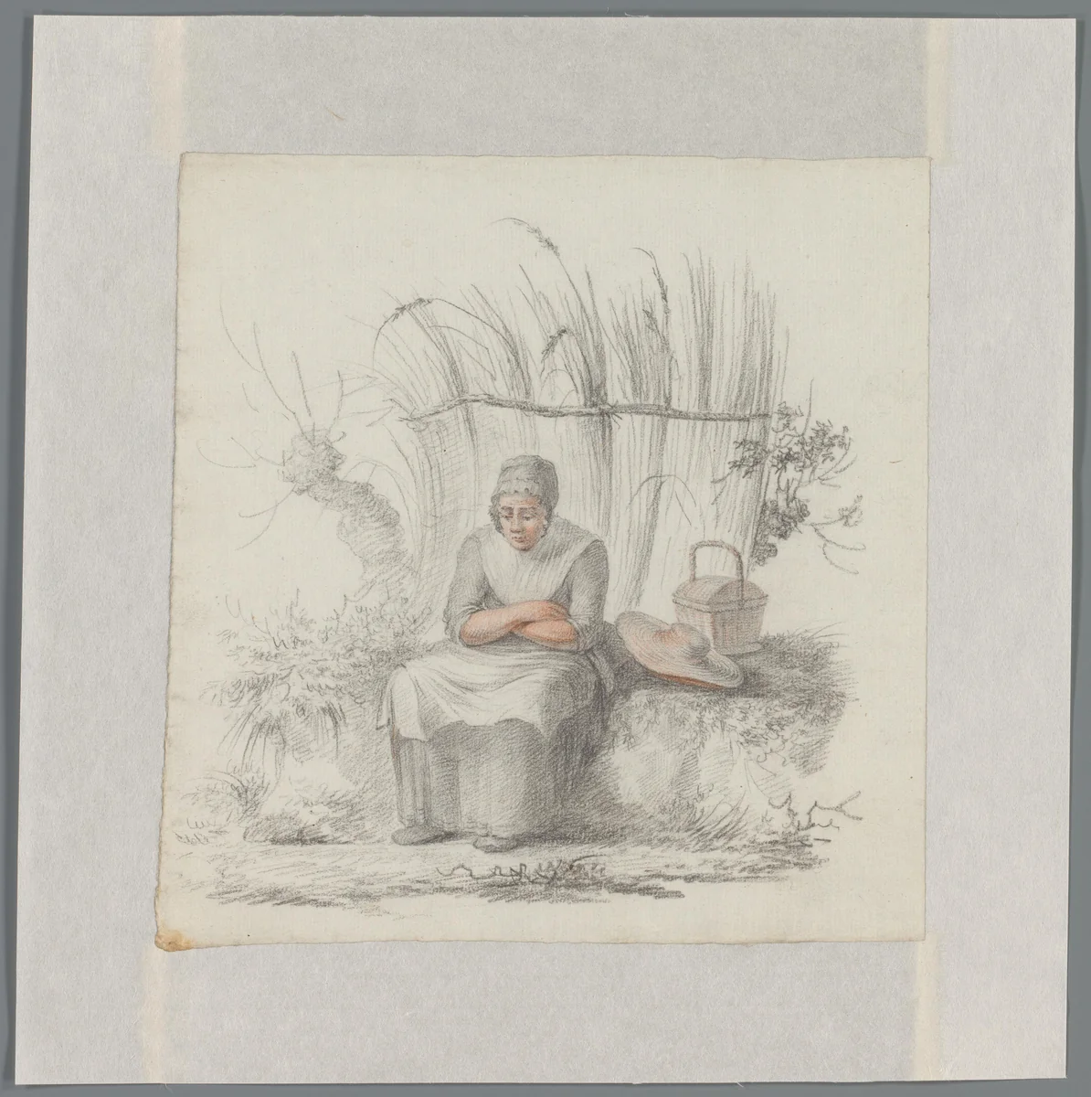 Zittende vrouw in een landschap by Johannes van Reijn, drawing, 1800-1900