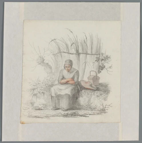 Zittende vrouw in een landschap by Johannes van Reijn, drawing, 1800-1900