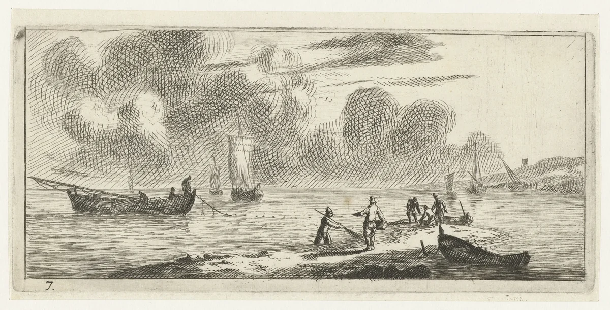 Kustlijn met mannen vissend in ondiep water by Reinier Nooms, print, 1651-1652
