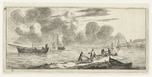 Kustlijn met mannen vissend in ondiep water by Reinier Nooms, print, 1651-1652