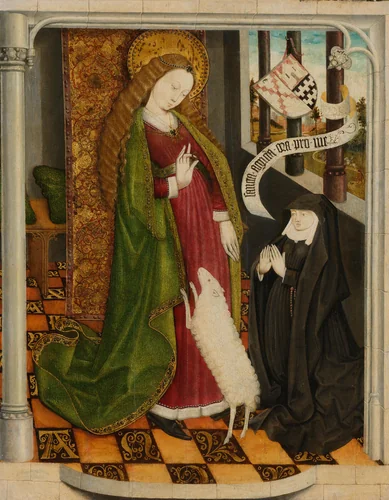 Geertruy Haeck Kneeling in Prayer before Saint Agnes by Unknown, painting, 1465