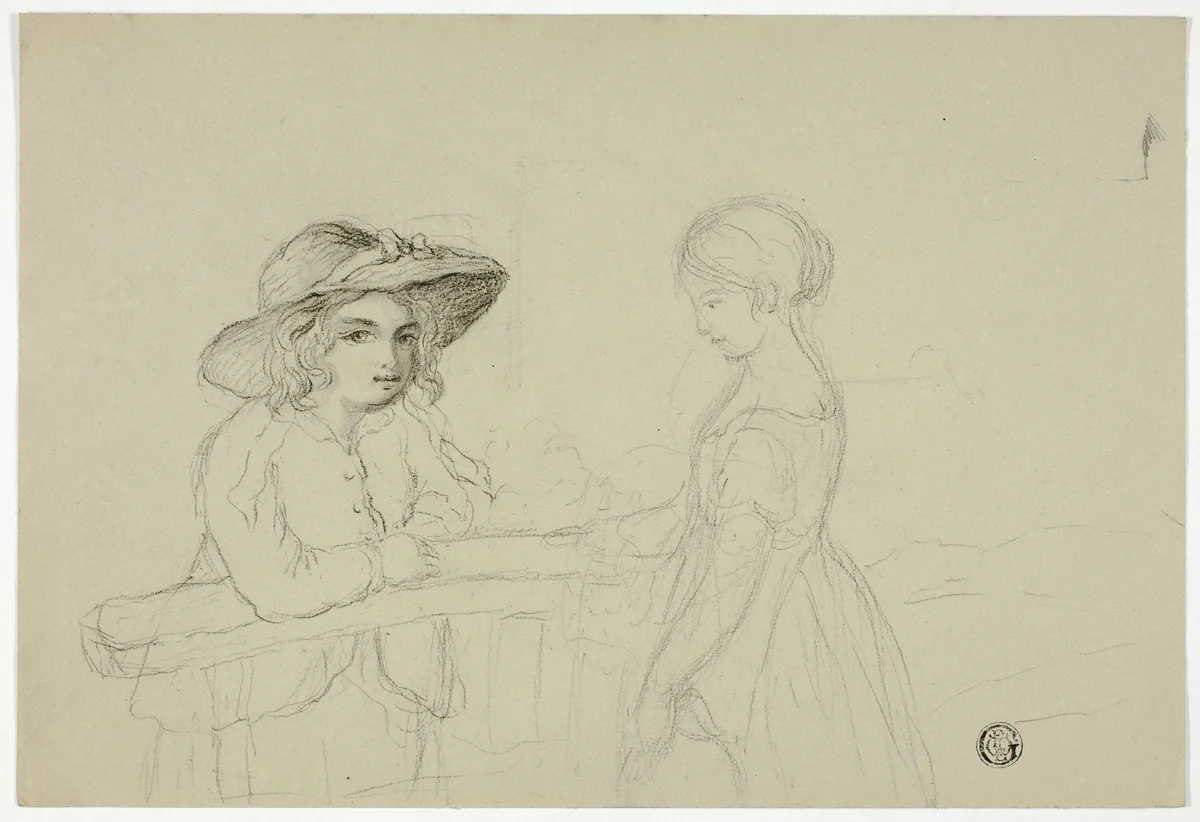 Two Girls at Gate by Elizabeth Murray, drawing, 1835-1882