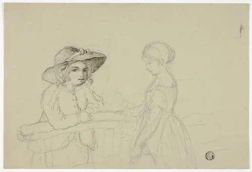 Two Girls at Gate by Elizabeth Murray, drawing, 1835-1882
