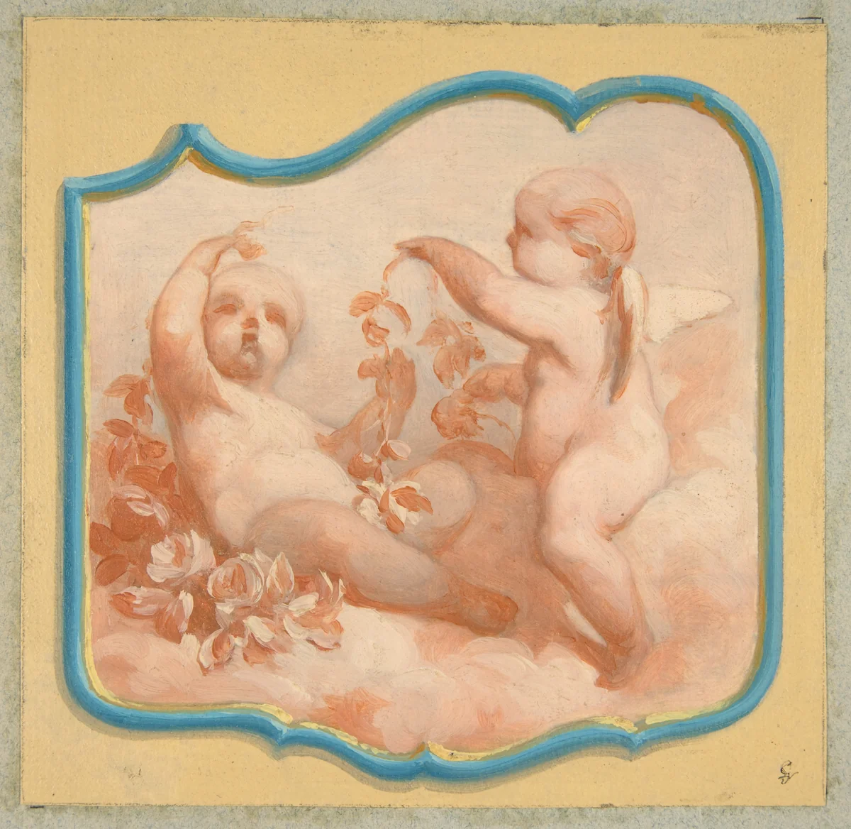 Two putti seated on clouds by Jules-Edmond-Charles Lachaise, drawing, 1850-1900