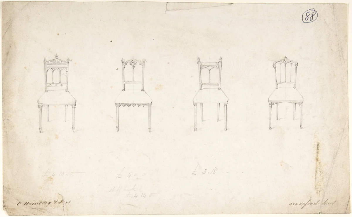 Designs for Four Chairs by Charles Hindley and Sons, drawing, 1841-1884