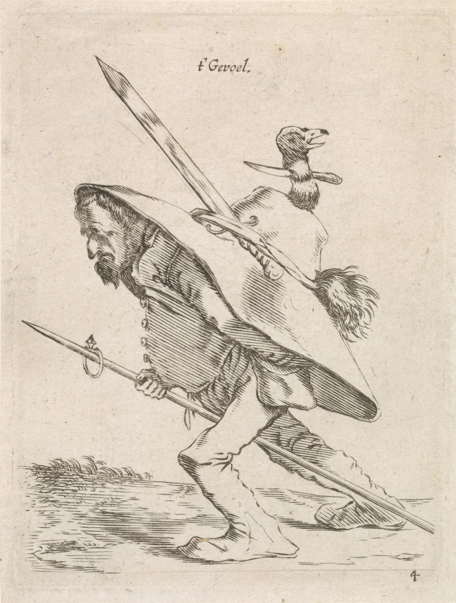 Man met enorme hoed op zijn rug by Cornelis Saftleven, print, 1645-1706