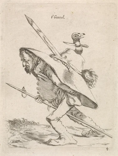 Man met enorme hoed op zijn rug by Cornelis Saftleven, print, 1645-1706