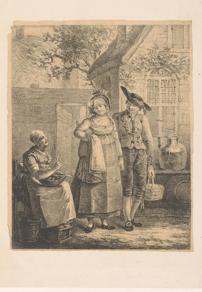 Oude vrouw spreekt tot jong koppel by Hendrik Rochussen, print, 1826
