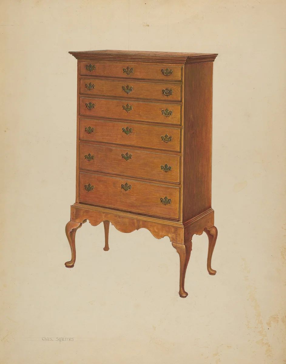 High Chest of Drawers on Frame by Charles Squires, index of american design, 1938