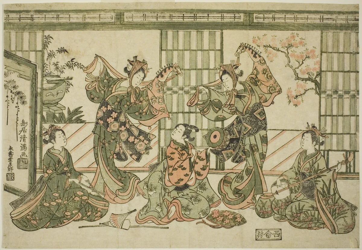 Entertainers performing the hobby-horse dance by Torii Kiyomitsu I, print, 1759-1769