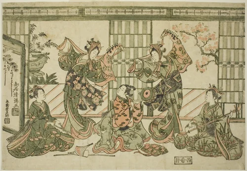 Entertainers performing the hobby-horse dance by Torii Kiyomitsu I, print, 1759-1769
