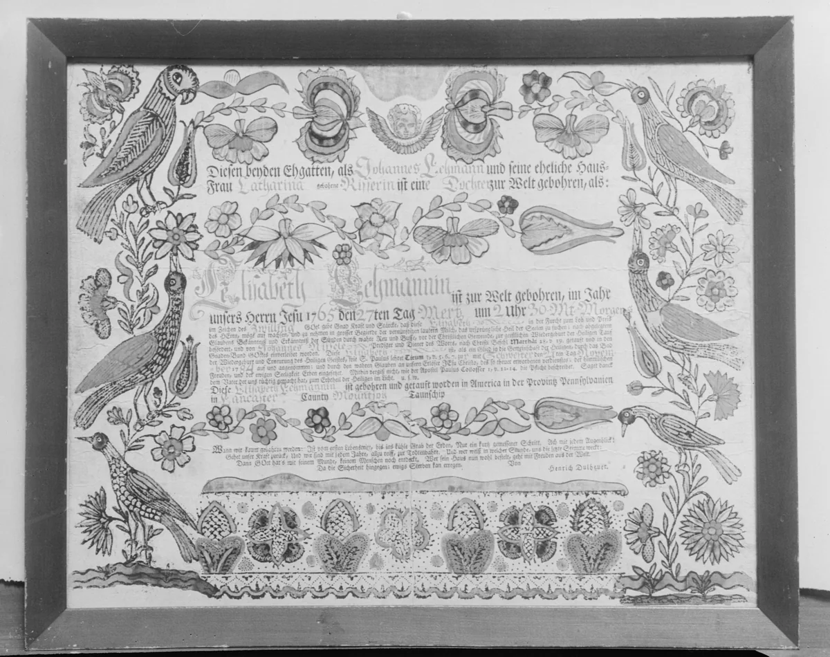 Birth and Baptismal Certificate by Henrich Dulhauer, artwork, 1784