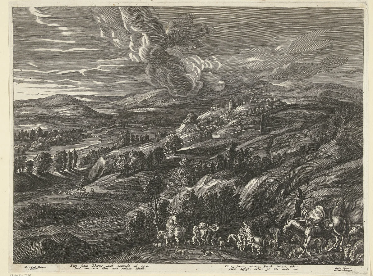 Jakob en zijn familie reizen naar Egypte by anonymous, print, 1596-1684