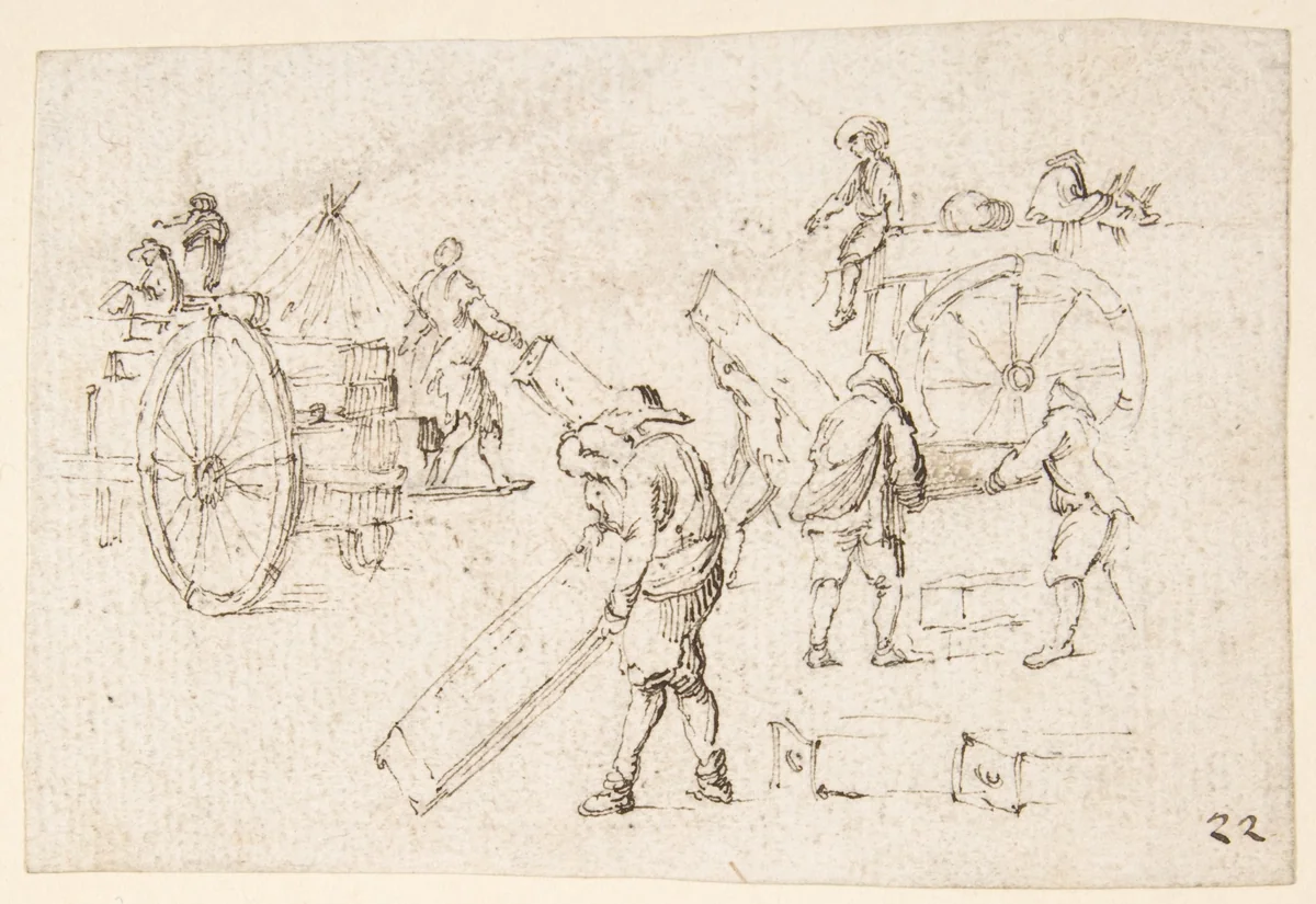 Men Loading Wagons by Stefano della Bella, drawing, 1610-1664