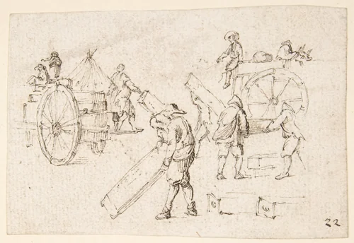 Men Loading Wagons by Stefano della Bella, drawing, 1610-1664
