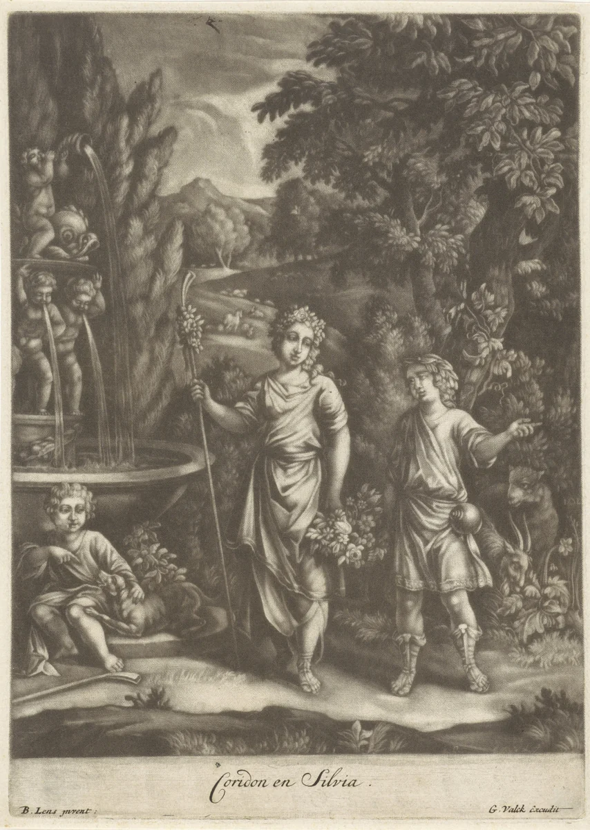 Coridon en Silvia by anonymous, print, 1662-1726