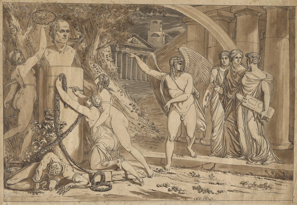 Virtues Crowning the Bust of Canova by Michele Sangiorgi, drawing, 1812