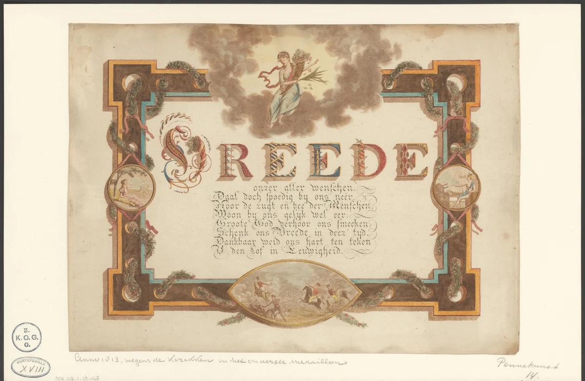 Pennekunst op de vrede in 1813 by anonymous, drawing, 1787